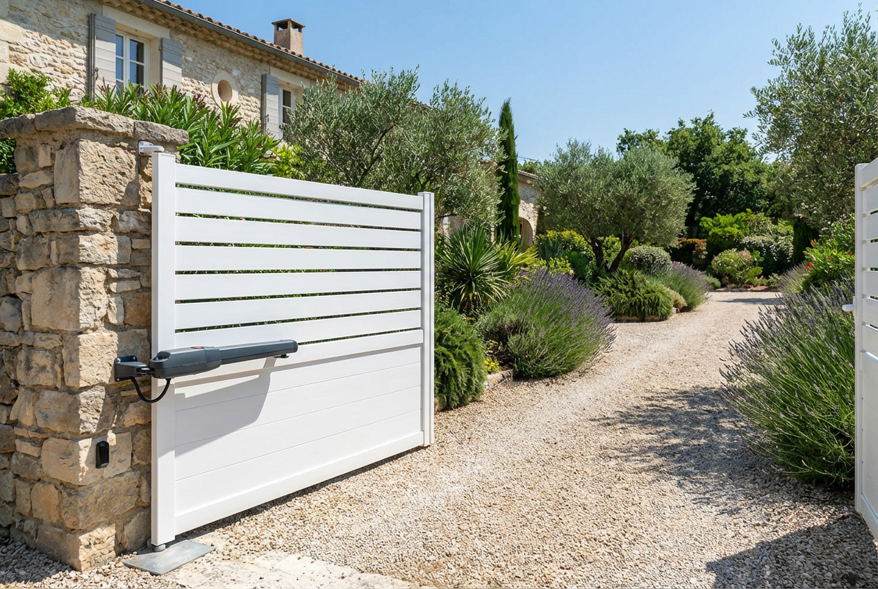 Installation motorisation bras articule sur portail battant aluminium