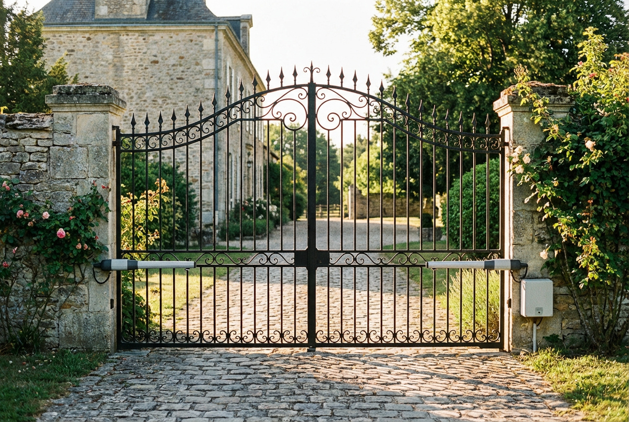 Portail battant fer forge motorise avec piliers en pierre